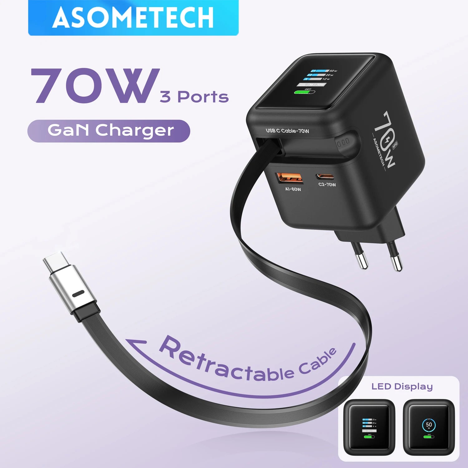 70W GaN Fast Charger with 3-Port USB-C & USB-A Hub