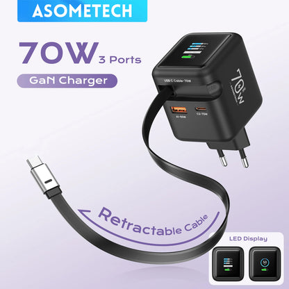 70W GaN Fast Charger with 3-Port USB-C & USB-A Hub