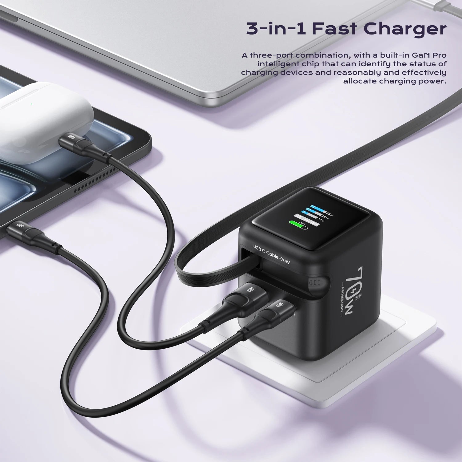 70W GaN Fast Charger with 3-Port USB-C & USB-A Hub
